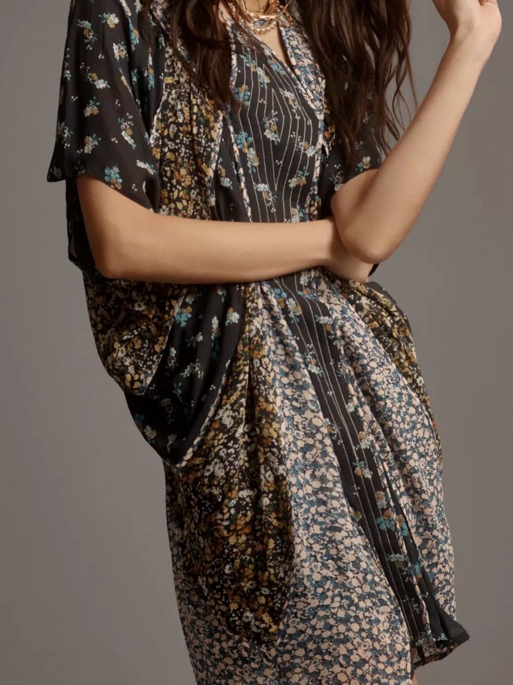 Anthropologie Black Multi-Print Floral Mini Dress